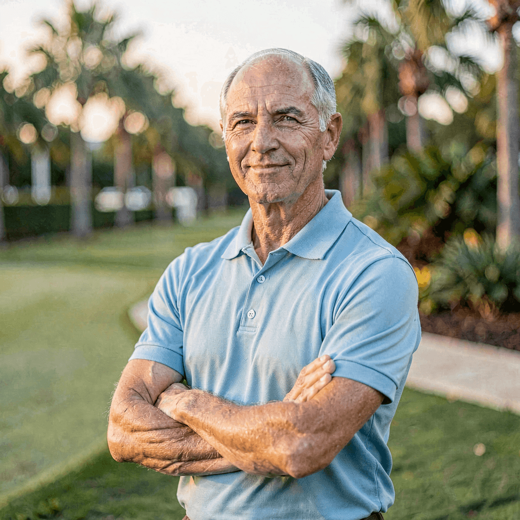 Portrait of a silver-haired man in a light-blue polo, arms crossed, on a Naples golf course at golden hour