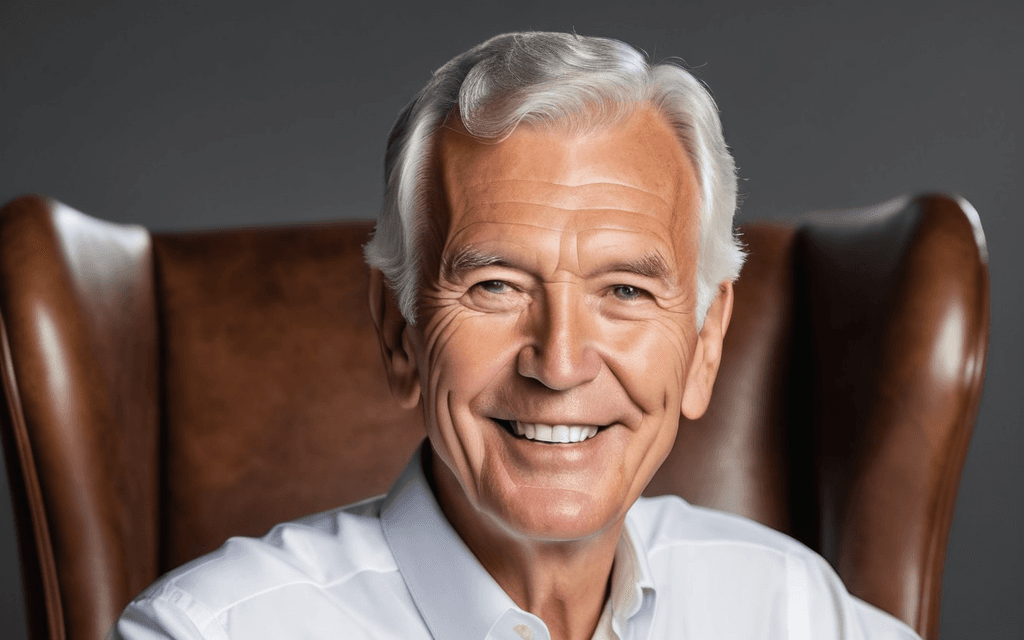 Studio portrait of David Whitaker in his seventies, silver hair, white dress shirt, seated in a leather chair, warm relaxed smile