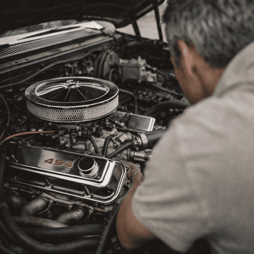 A restored classic car in a home garage at dusk