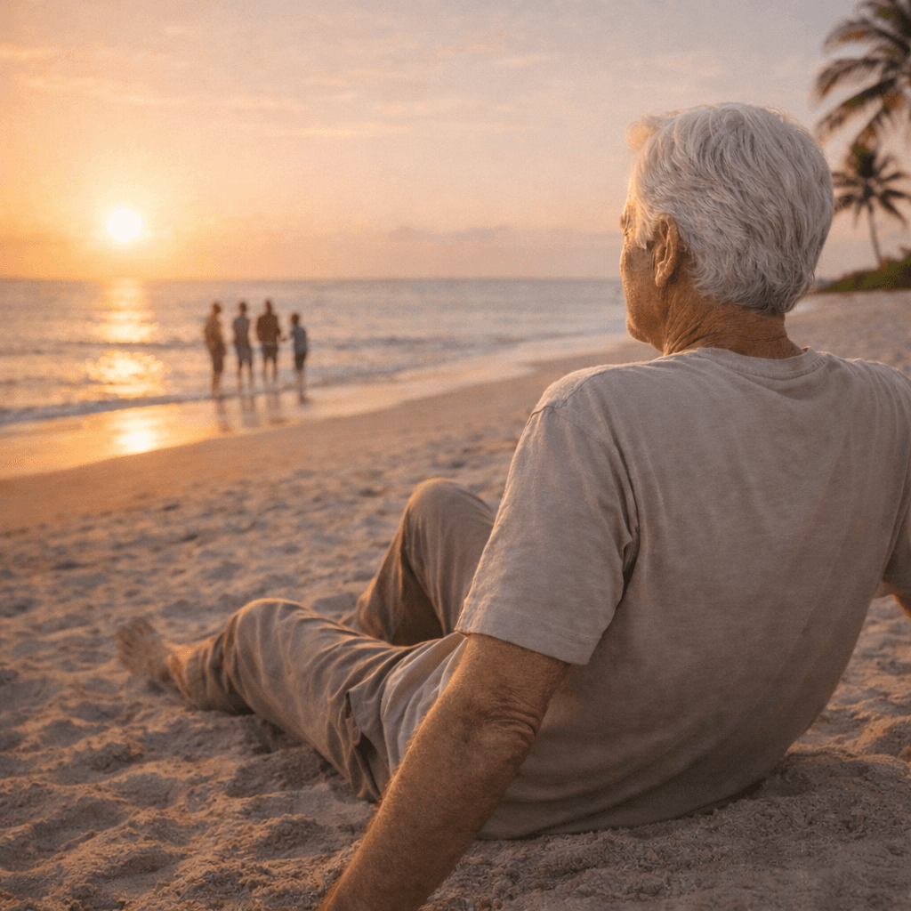 An older man looking thoughtfully out a window in soft light