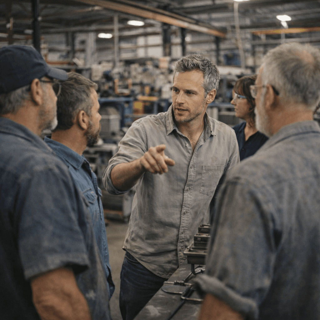 Workers on a mid-century manufacturing factory floor