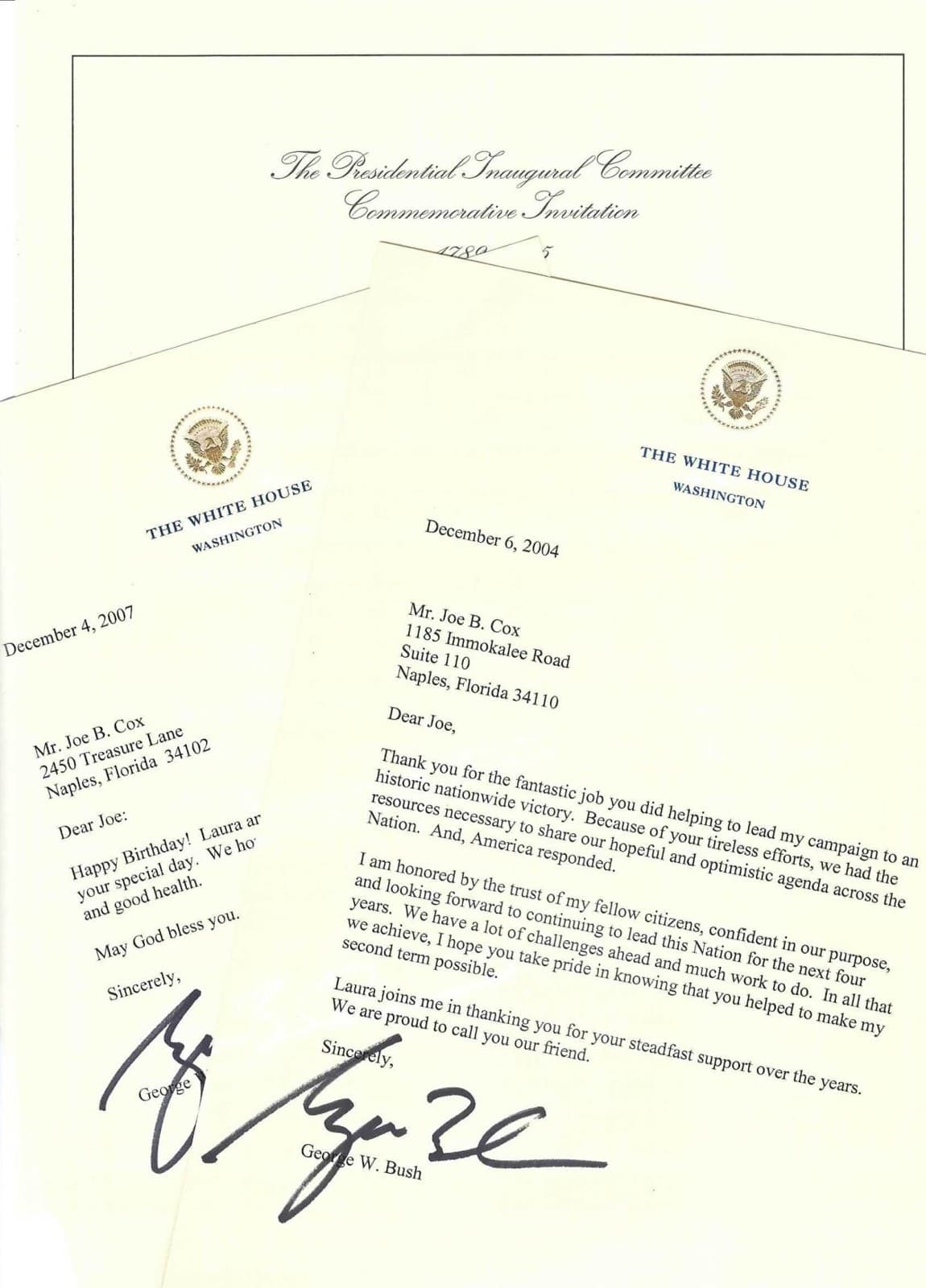 White House letters and a Presidential Inaugural Committee invitation addressed to Joe B. Cox, signed by President George W. Bush