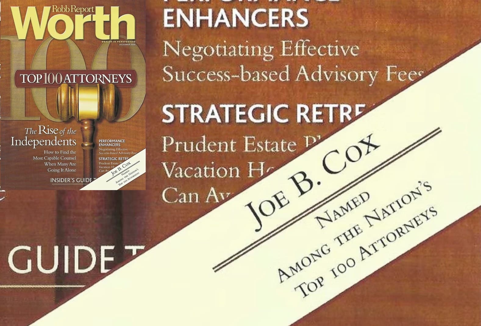 Worth magazine “Top 100 Attorneys” cover beside a clipping naming Joe B. Cox among the nation's top 100 attorneys